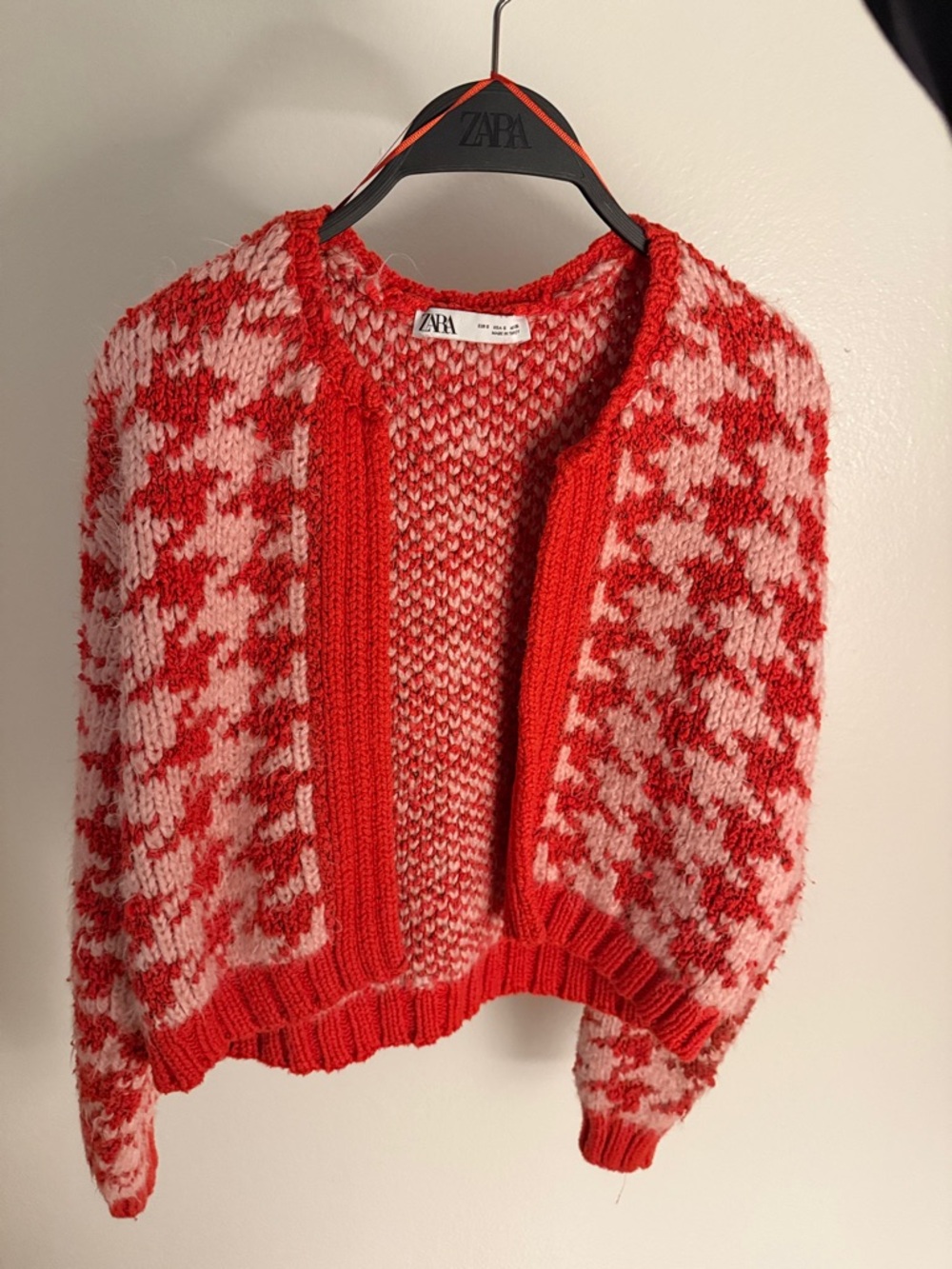 Zara Red & Pink Houndstooth Open-Front Cardigan